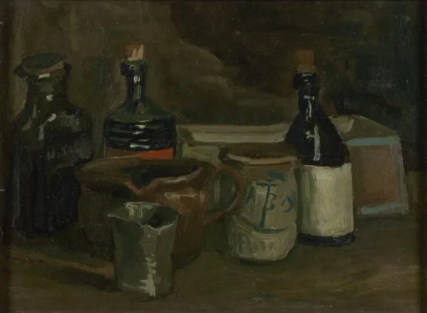 Still Life with Bottles and Earthenware (1884) by Vincent van Gogh — original painting reproduced as a hand-painted oil on canvas
