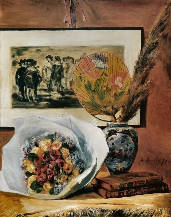 Still Life with Bouquet and Fan (1871) by Pierre-Auguste Renoir — original painting reproduced as a hand-painted oil on canvas
