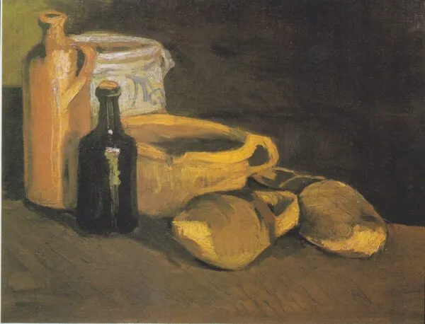 Still Life with Clogs and Pots (1884) by Vincent van Gogh — original painting reproduced as a hand-painted oil on canvas