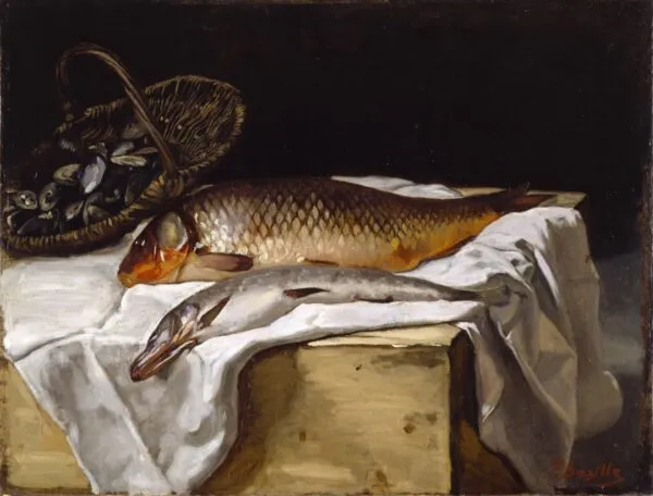 Still Life with Fish (1866) by Frédéric Bazille — original painting reproduced as a hand-painted oil on canvas