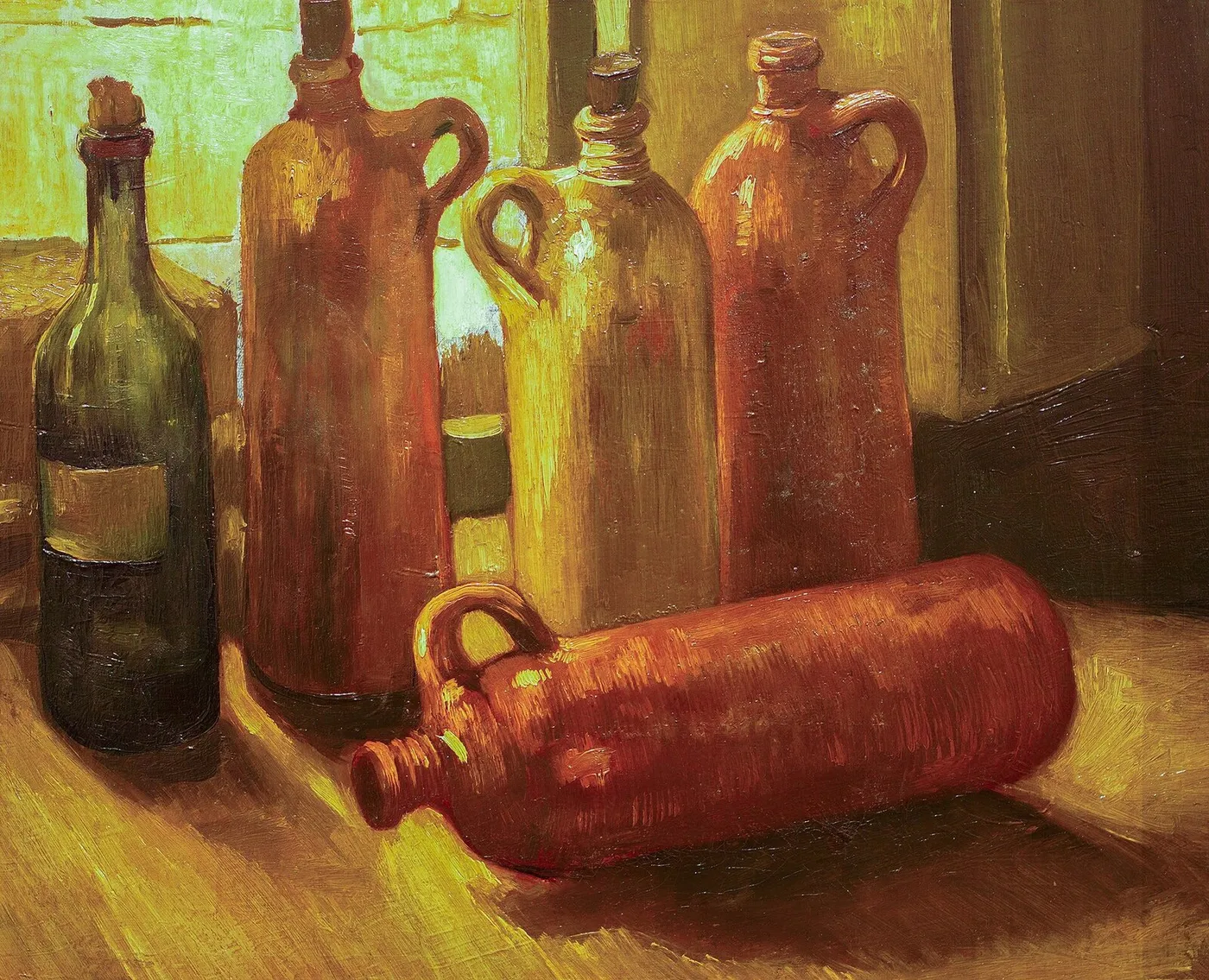 Still Life with Five Bottles (1884) by Vincent van Gogh — original painting reproduced as a hand-painted oil on canvas