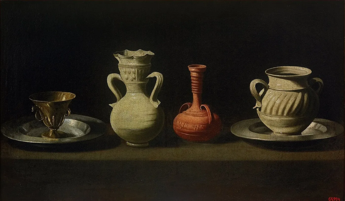 Still Life with Four Vessels (1635) by Francisco de Zurbarán — original painting reproduced as a hand-painted oil on canvas