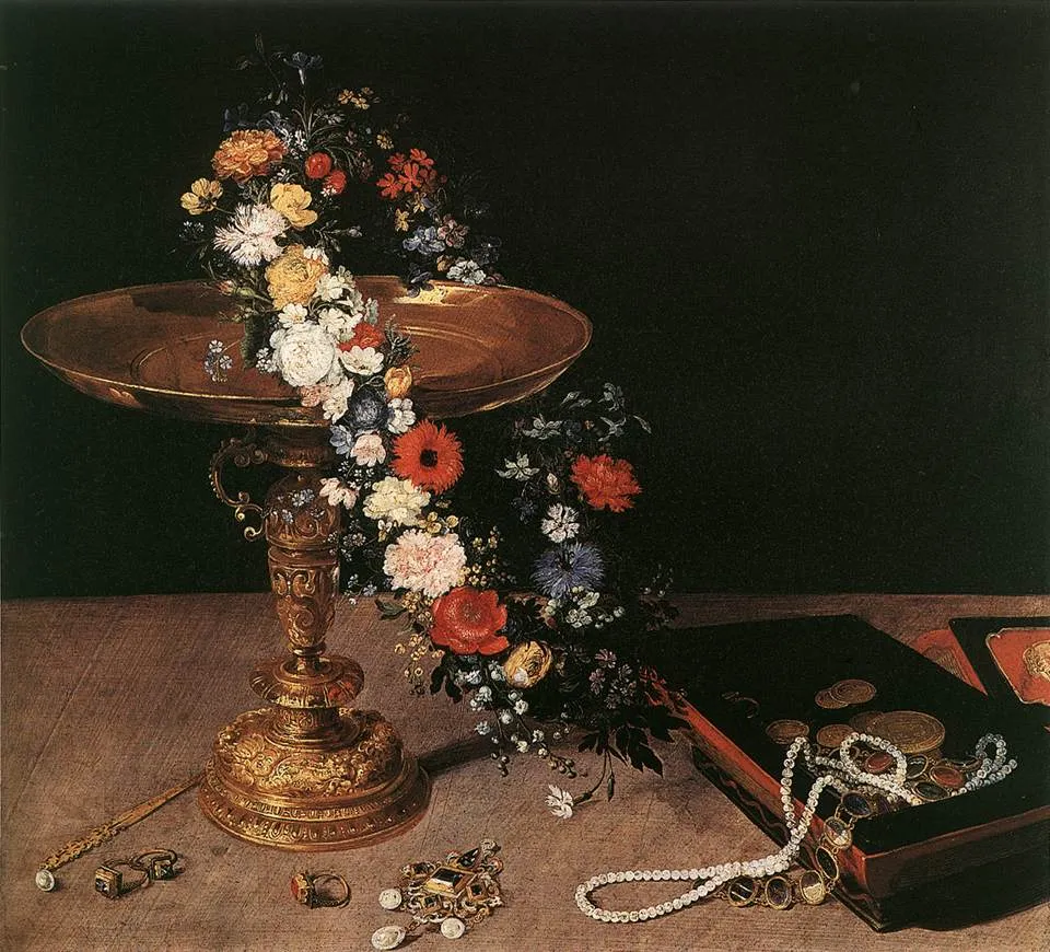 Still-Life with Garland of Flowers and Golden Tazza (1618) by Jan Brueghel the Elder — original painting reproduced as a hand-painted oil on canvas