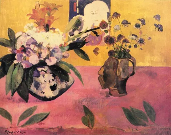 Still Life with Head-Shaped Vase and Japanese Woodcut (1889) by Paul Gauguin — original painting reproduced as a hand-painted oil on canvas