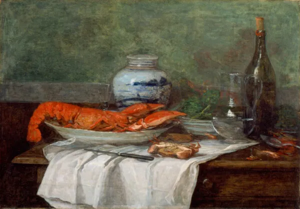 Still Life with Lobster on a White Tablecloth (1853) by Eugène Louis Boudin — original painting reproduced as a hand-painted oil on canvas