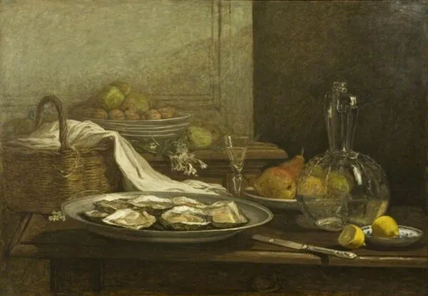 Still Life with Oysters (1850) by Eugène Louis Boudin — original painting reproduced as a hand-painted oil on canvas
