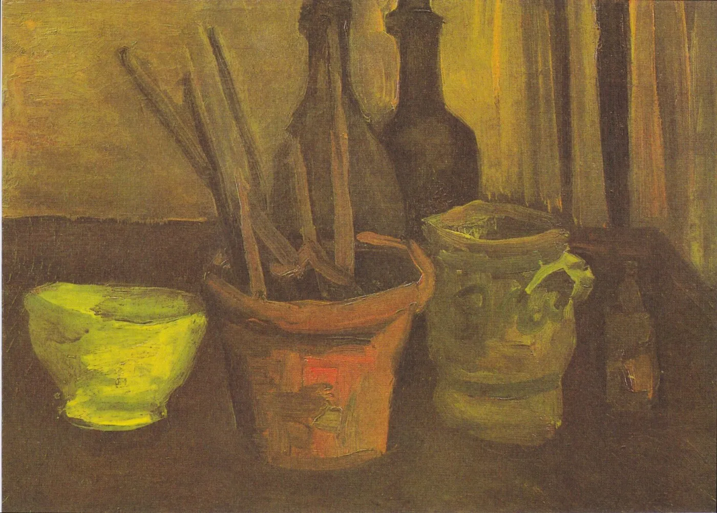 Still Life with Paintbrushes in a Pot (1884) by Vincent van Gogh — original painting reproduced as a hand-painted oil on canvas