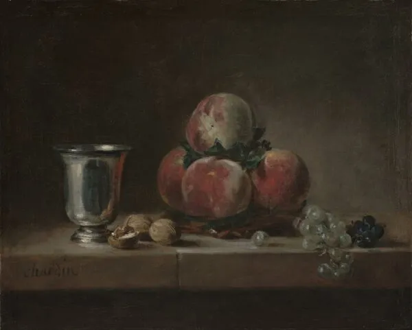 Still Life with Peaches, a Silver Goblet, Grapes, and Walnuts (1759) by Jean-Baptiste-Siméon Chardin — original painting reproduced as a hand-painted oil on canvas