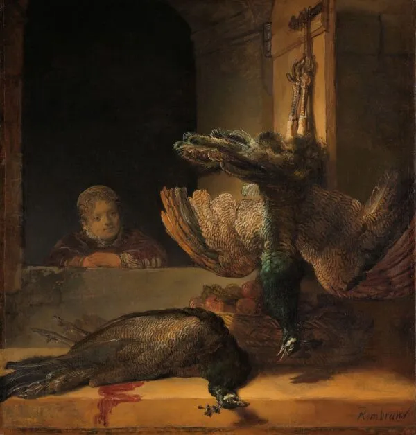 Still Life with Peacocks (1636) by Rembrandt — original painting reproduced as a hand-painted oil on canvas