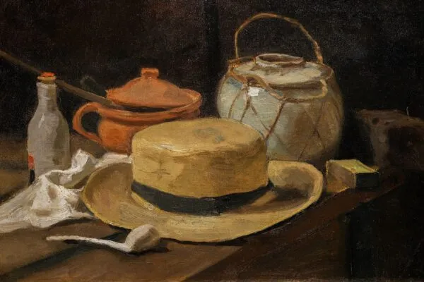 Still Life with Straw Hat (1885) by Vincent van Gogh — original painting reproduced as a hand-painted oil on canvas