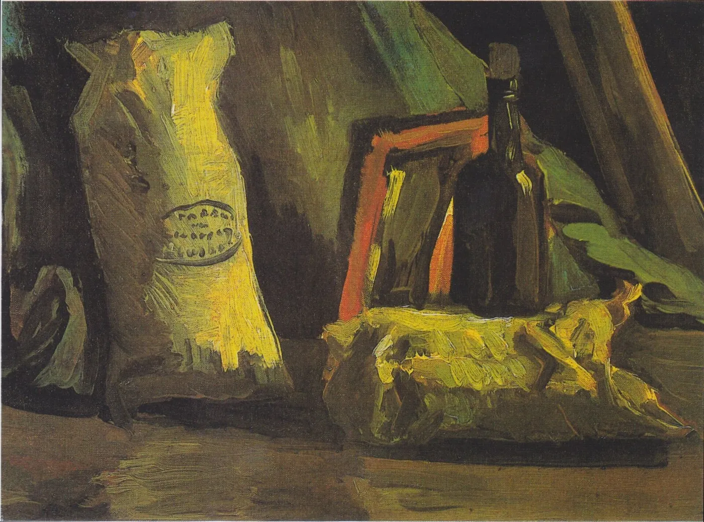 Still Life with Two Sacks and a Bottle (1884) by Vincent van Gogh — original painting reproduced as a hand-painted oil on canvas