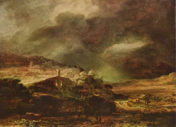 Stormy Landscape (1638) by Rembrandt — original painting reproduced as a hand-painted oil on canvas