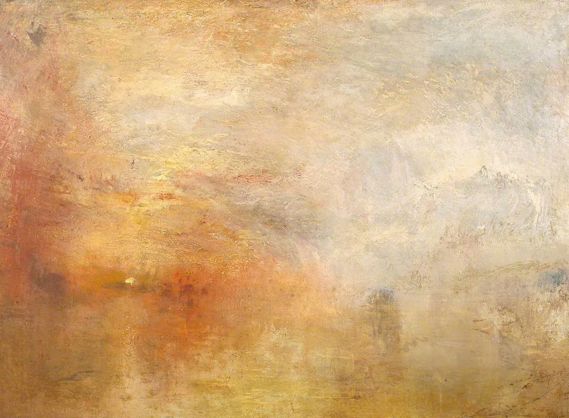 Sun Setting over a Lake (1840) by J. M. W. Turner — original painting reproduced as a hand-painted oil on canvas