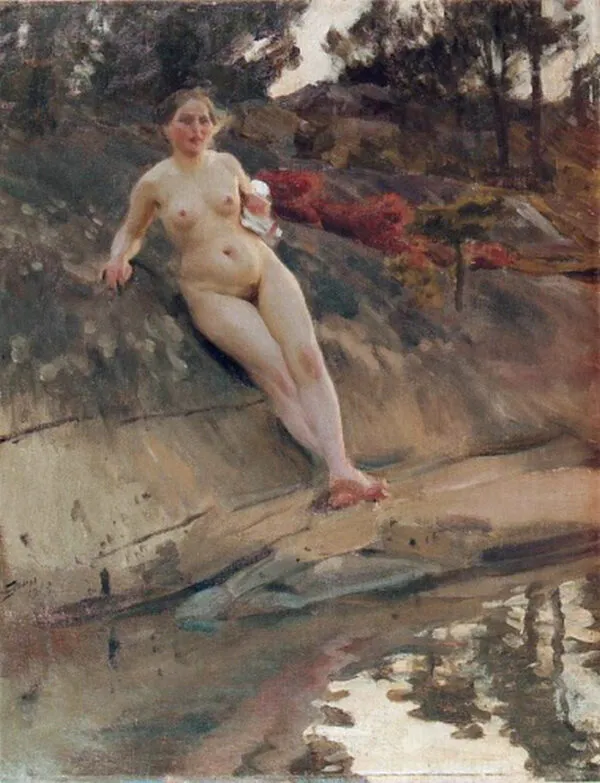 Sunbathing Girl (1913) by Anders Zorn — original painting reproduced as a hand-painted oil on canvas
