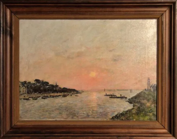 Sunset, Saint-Valéry-sur-Somme (1890) by Eugène Louis Boudin — original painting reproduced as a hand-painted oil on canvas