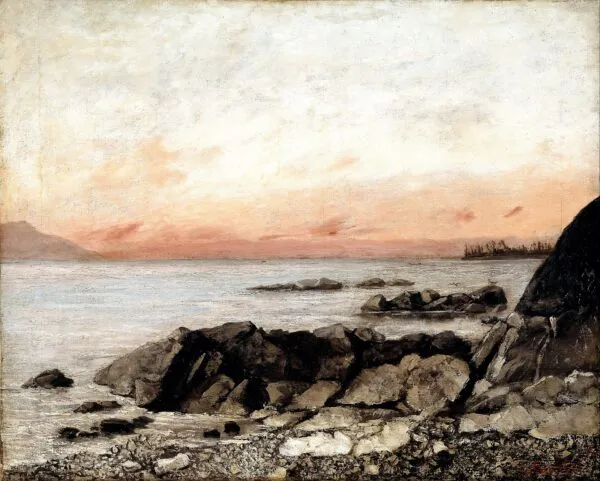 Sunset, Vevey, Switzerland (1874) by Gustave Courbet — original painting reproduced as a hand-painted oil on canvas