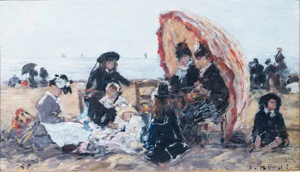 Sur la plage de Trouville, à l’abri du parasol rouge (1885) by Eugène Louis Boudin — original painting reproduced as a hand-painted oil on canvas