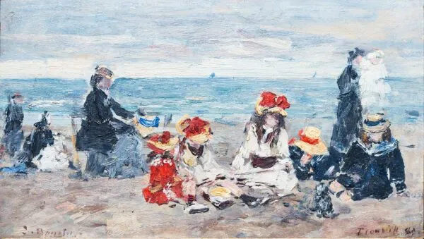 Sur la plage de Trouville (1880) by Eugène Louis Boudin — original painting reproduced as a hand-painted oil on canvas