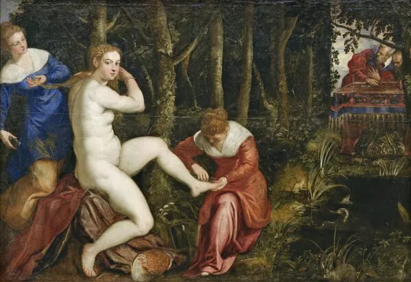 Susannah Bathing (1550) by Jacopo Tintoretto — original painting reproduced as a hand-painted oil on canvas