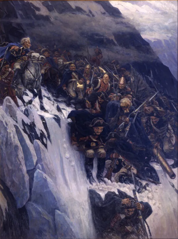 Suvorov Crossing the Alps in 1799 (1899) by Vasily Surikov — original painting reproduced as a hand-painted oil on canvas