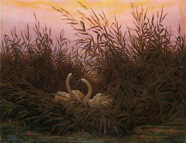 Swans in the reeds at the first dawn (1832) by Caspar David Friedrich — original painting reproduced as a hand-painted oil on canvas