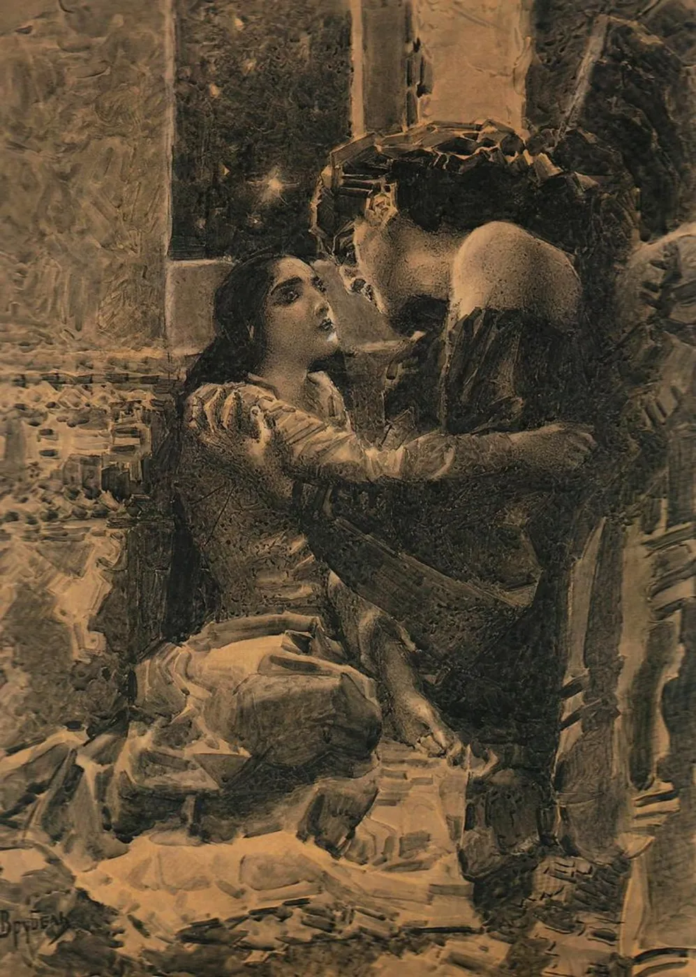 Tamara and Demon (1891) by Mikhail Vrubel — original painting reproduced as a hand-painted oil on canvas