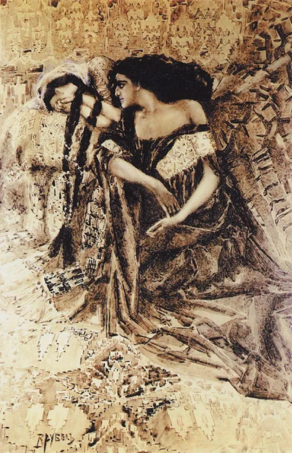 Tamara and the Demon (1890) by Mikhail Vrubel — original painting reproduced as a hand-painted oil on canvas