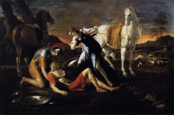 Tancred and Erminia (1649) by Nicolas Poussin — original painting reproduced as a hand-painted oil on canvas