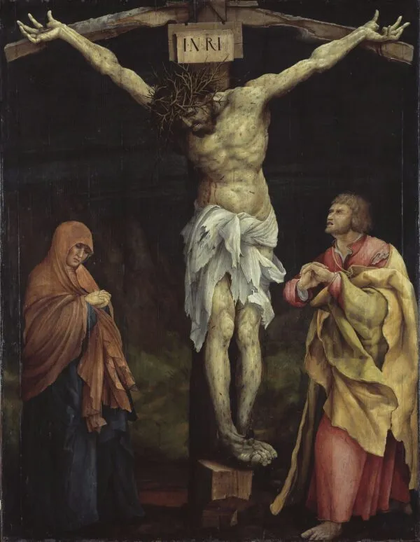Tauberbischofsheim altarpiece: Christ on the Cross with Mary and Saint John (1523) by Matthias Grünewald — original painting reproduced as a hand-painted oil on canvas