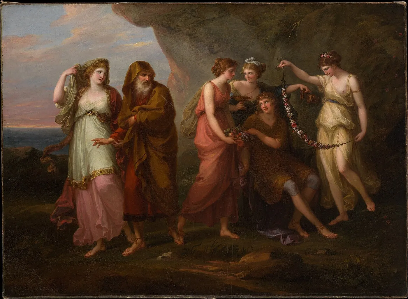 Telemachus and the Nymphs of Calypso (1782) by Angelica Kauffmann — original painting reproduced as a hand-painted oil on canvas