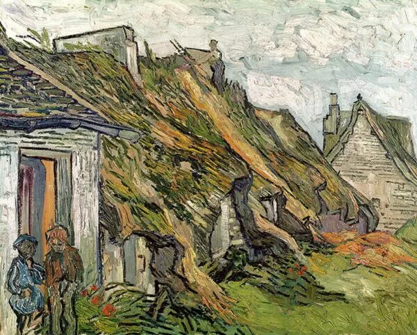 Thatched Sandstone Cottages in Chaponval (1890) by Vincent van Gogh — original painting reproduced as a hand-painted oil on canvas