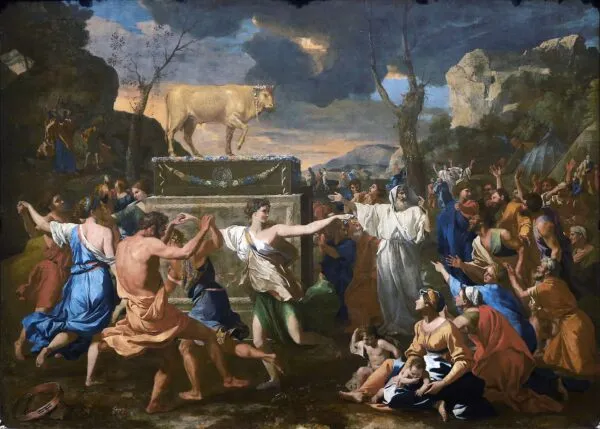 The Adoration of the Golden Calf (1634) by Nicolas Poussin — original painting reproduced as a hand-painted oil on canvas