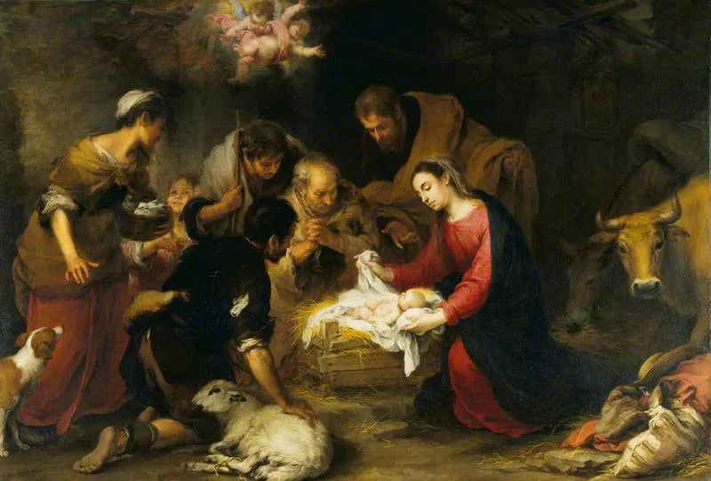 The Adoration of the Shepherds (1665) by Bartolomé Esteban Murillo — original painting reproduced as a hand-painted oil on canvas