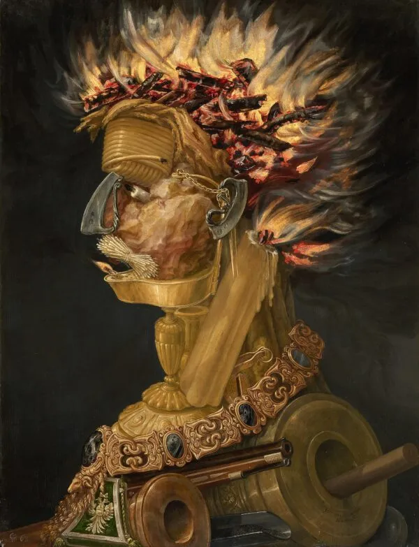 The allegory of Fire (1566) by Giuseppe Arcimboldo — original painting reproduced as a hand-painted oil on canvas