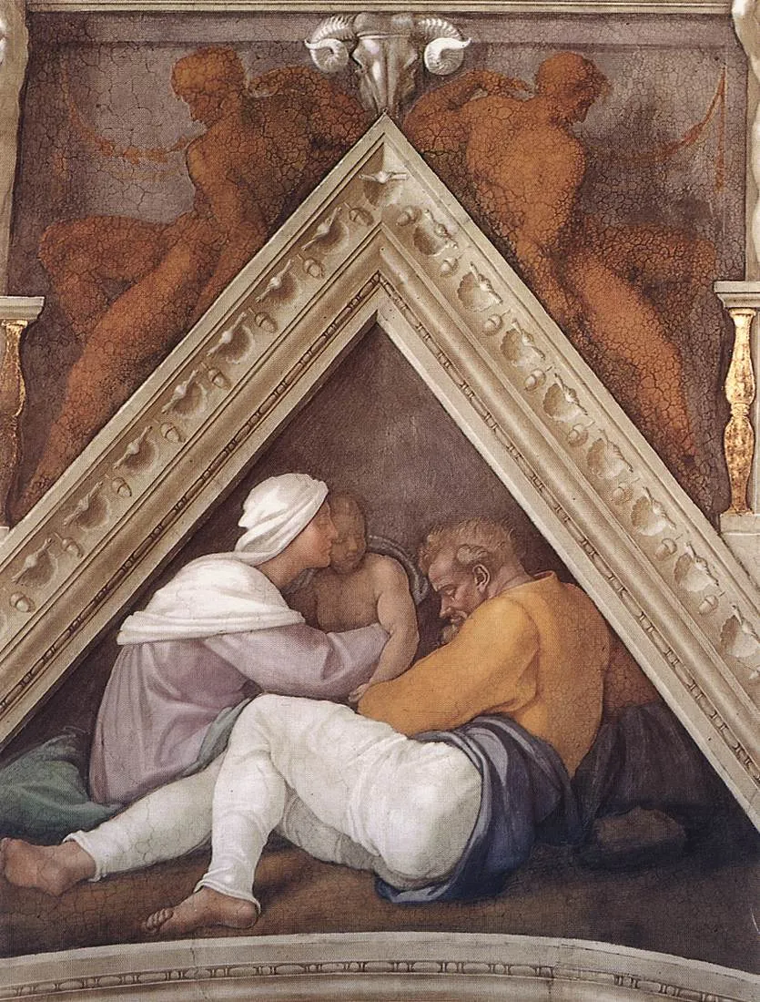 The Ancestors of Christ: Josias, Jeconiah and Shealtiel (1508) by Michelangelo — original painting reproduced as a hand-painted oil on canvas