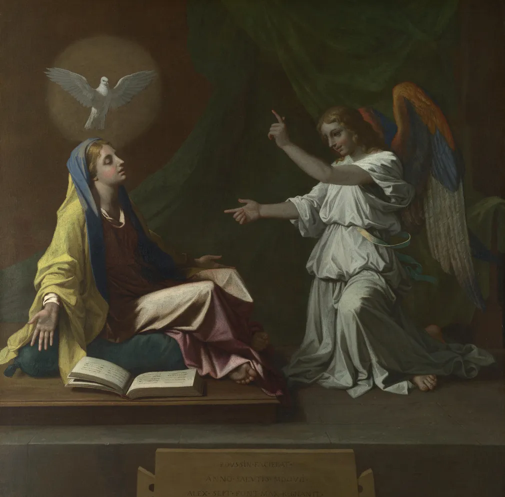 The Annunciation (1655) by Nicolas Poussin — original painting reproduced as a hand-painted oil on canvas