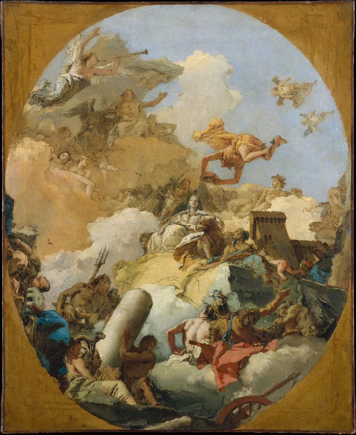 The Apotheosis of the Spanish Monarchy (1764) by Giovanni Battista Tiepolo — original painting reproduced as a hand-painted oil on canvas