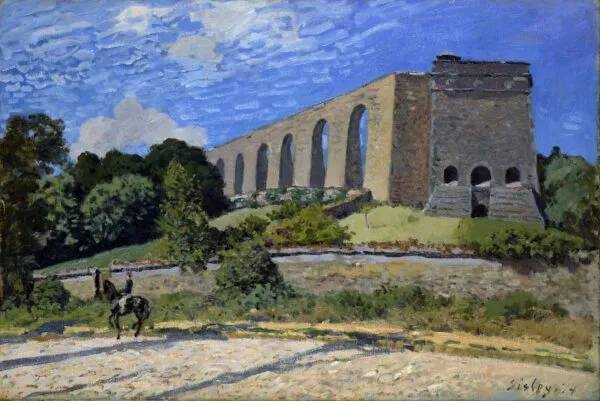 The Aqueduct at Marly (1874) by Alfred Sisley — original painting reproduced as a hand-painted oil on canvas