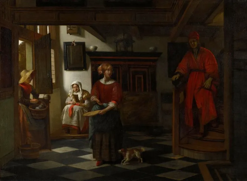 The Asparagus Vendor (1675) by Pieter de Hooch — original painting reproduced as a hand-painted oil on canvas
