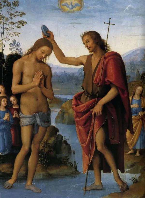 The Baptism of Christ (1499) by Pietro Perugino — original painting reproduced as a hand-painted oil on canvas