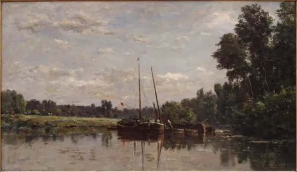 The Barges (1865) by Charles-François Daubigny — original painting reproduced as a hand-painted oil on canvas