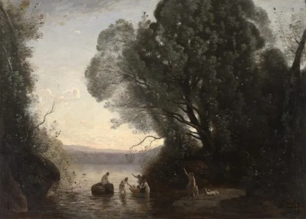 The Bath of Diana (1855) by Jean-Baptiste Camille Corot — original painting reproduced as a hand-painted oil on canvas