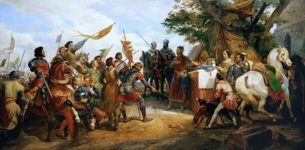 The Battle of Bouvines (1827) by Horace Vernet — original painting reproduced as a hand-painted oil on canvas
