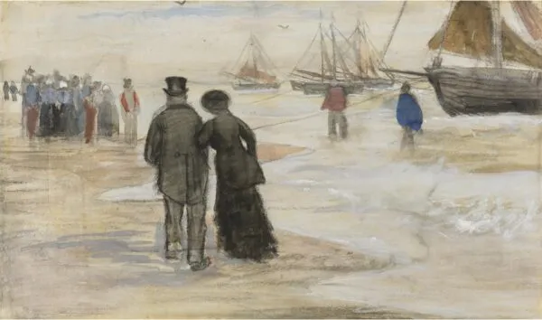 The Beach at Scheveningen (1882) by Vincent van Gogh — original watercolour reproduced as a hand-painted oil on canvas