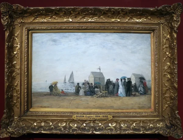 The Beach at Trouville (1867) by Eugène Louis Boudin — original painting reproduced as a hand-painted oil on canvas