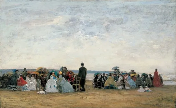 The Beach near Trouville (1865) by Eugène Louis Boudin — original painting reproduced as a hand-painted oil on canvas