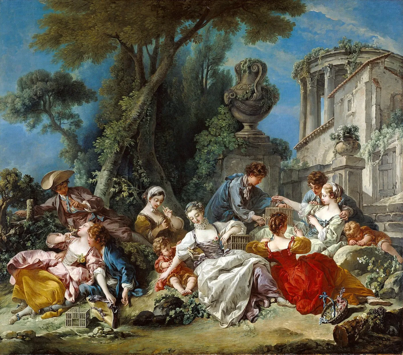 The Bird Catchers (1748) by François Boucher — original painting reproduced as a hand-painted oil on canvas