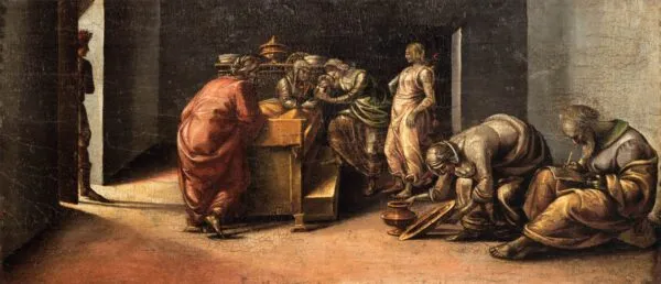 The Birth of St. John the Baptist (1483) by Luca Signorelli — original painting reproduced as a hand-painted oil on canvas