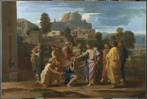 The Blind of Jericho (1650) by Nicolas Poussin — original painting reproduced as a hand-painted oil on canvas