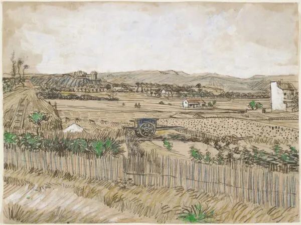 The Blue Cart / Harvest at La Crau (1888) by Vincent van Gogh — original watercolour reproduced as a hand-painted oil on canvas